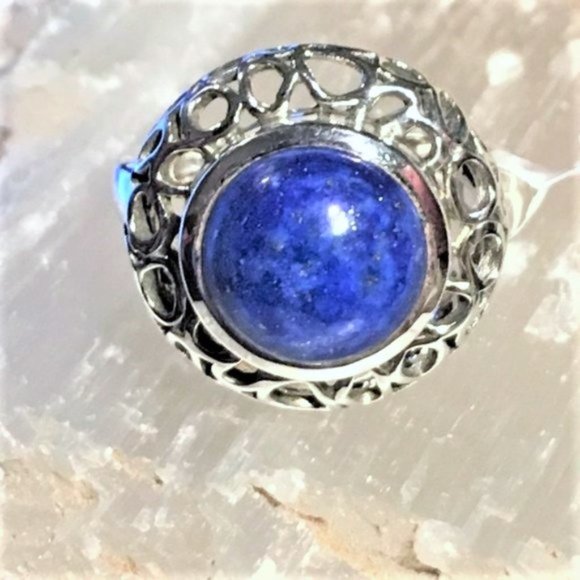 Genuine Lapis Lazuli Round .925 Ring Ornate Silver size 6.5 - Picture 11 of 13